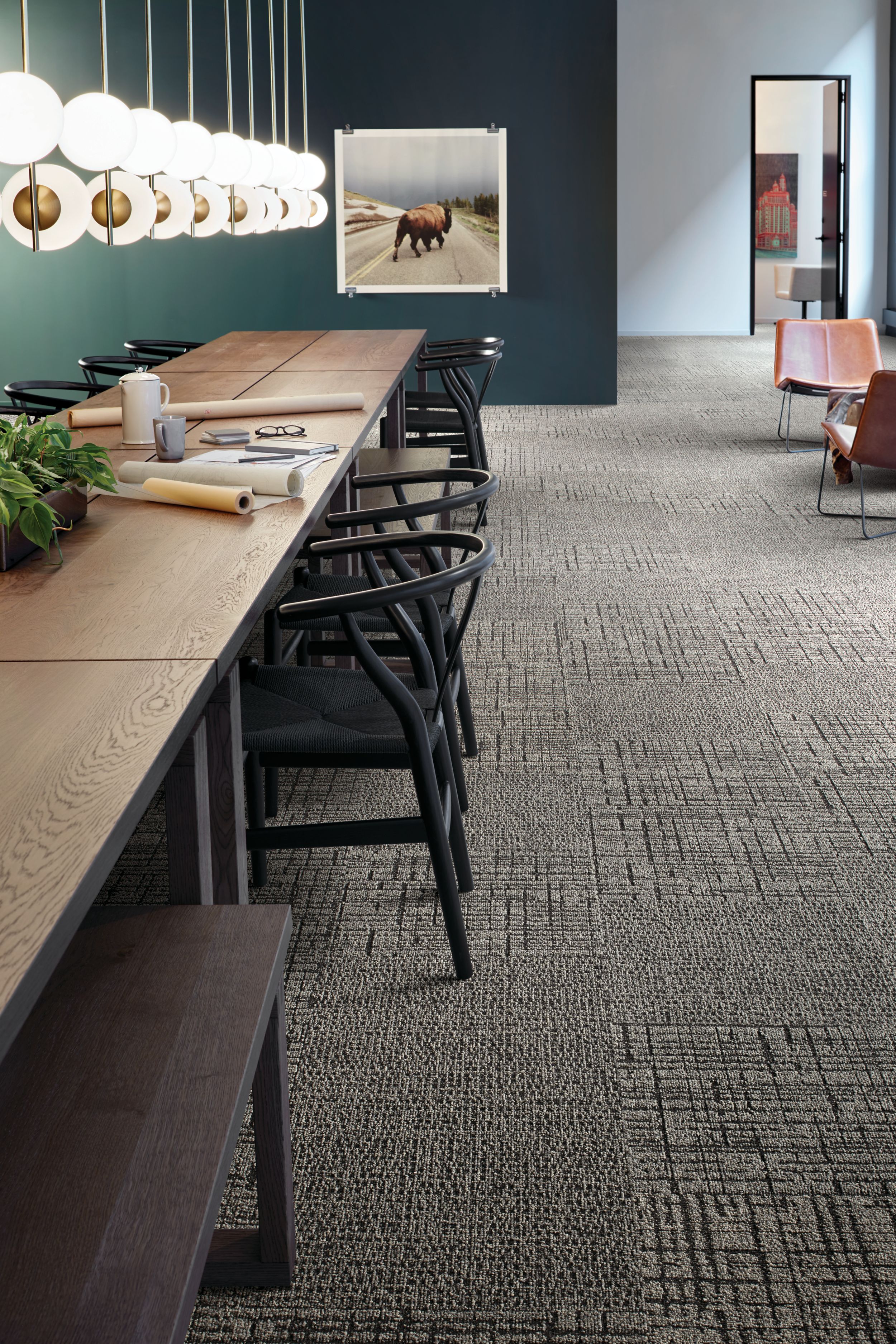 Interface Duplex and Sublet carpet tile in large seating area with long table surrounded by chairs image number 1